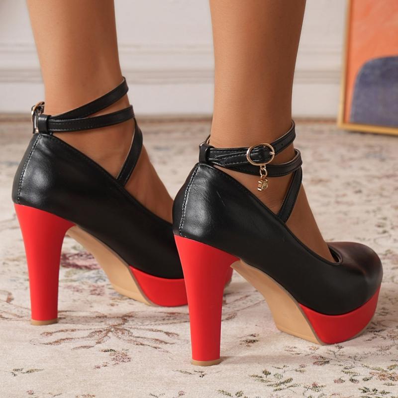Schwarz Rot Damen High Heels Pumps Plateau Knöchelriemen Mary Jane Schuhe Mode Absatz Tanzparty Hochzeitsschuhe Weiblich Neu