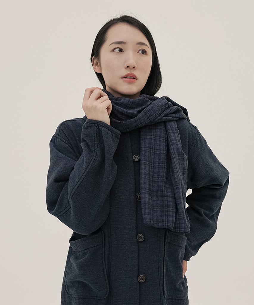 CHIQUITA Check Cotton Long Scarf Navy 250810Nv