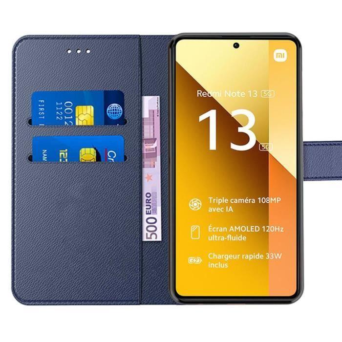 Coque pour Xiaomi Redmi Note 13 5G (pas pour 4G), Bleu Marine, Etui Effet Cuir Antichoc avec Porte-cartes et Fonction de Support