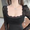 Elegant Slimming Lace Patchwork Square Neck Dress - Long Sleeve, Cinched Waist, Hip-Hugging Short Skirt