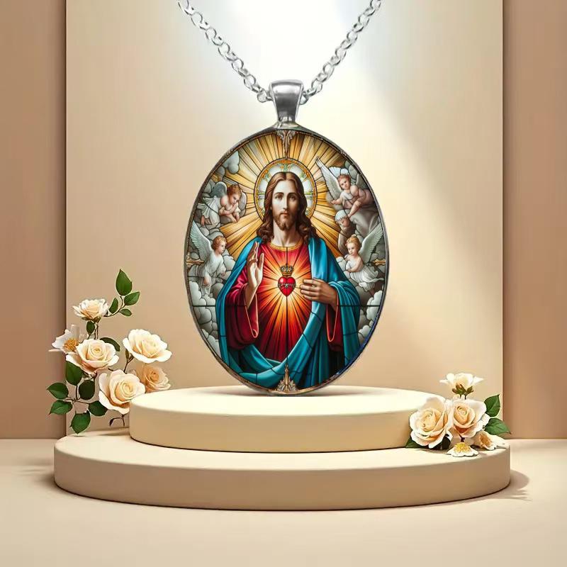 En Jesus Hjerte-bønn Beskyttelsesanheng Halskjede Tidsperle Religiøse Smykker Glassanheng Passer for Menn og Kvinner til å Bruke Hver Dag