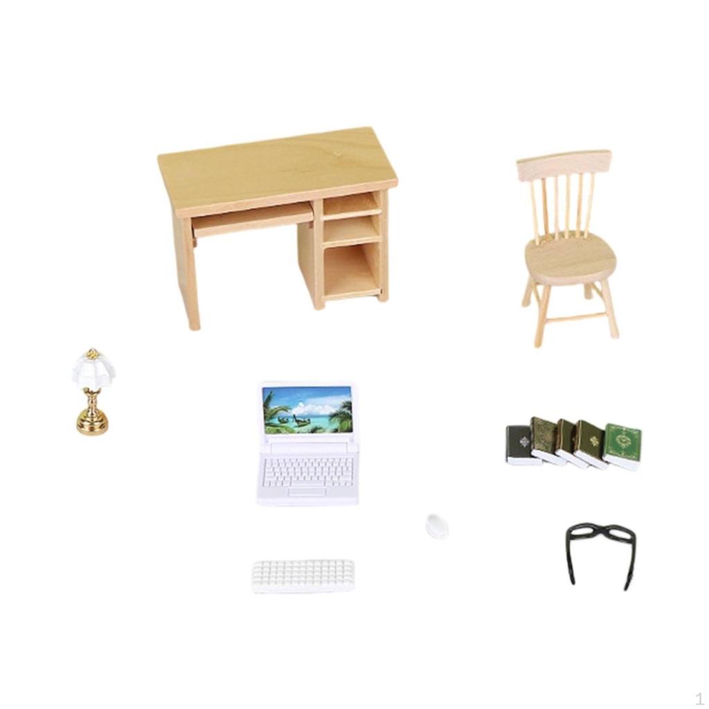 1:12 Scale Office Furniture Mini Decoration Dollhouse Desk and Chair Set Realistic Model Miniature