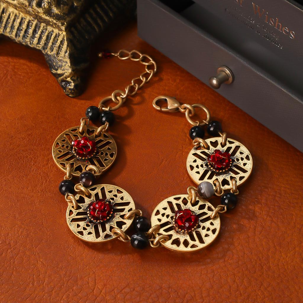 Fashion Retro Style With Auspicious Patterns Glass Flower Women'S Necklace Earrings Bracelet Jewelry Set