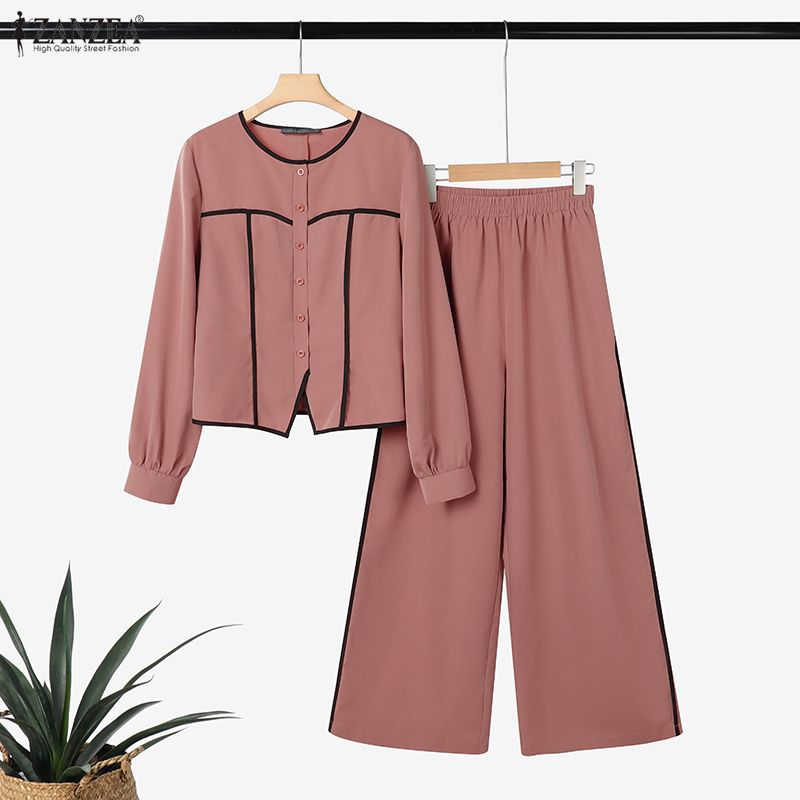 ZANZEA Damen Langarmbluse und Hose Elegante zweiteilige Anzugsets