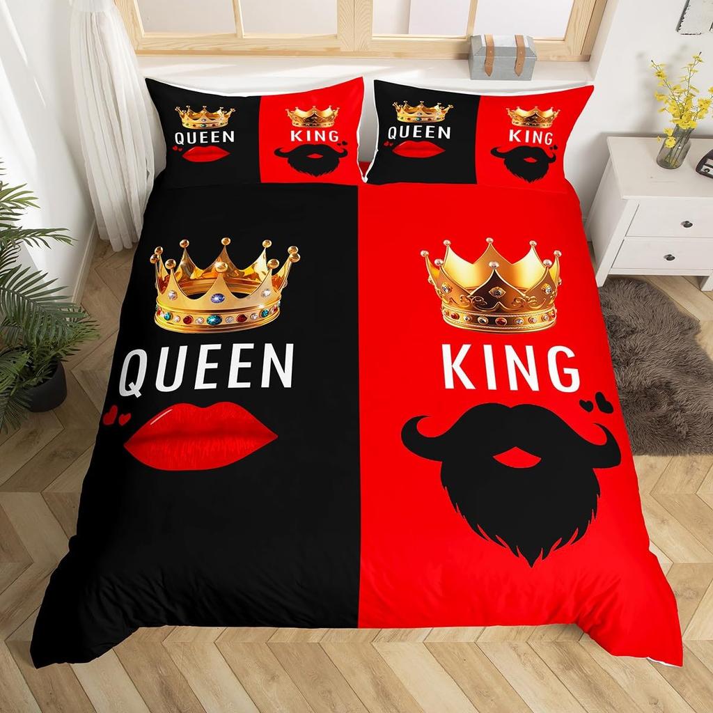 Comforter Valentine'S Day Couple King And Queen Crown Bedding Set For Husband Wife Red Black White His Hers Comforter
