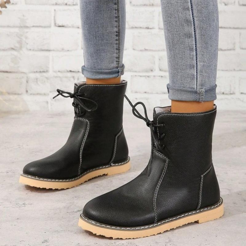 Women New Casual Snow Boots Autumn Winter Retro Women Boots Fashion Plush Lace Up Flat Ankle Boots