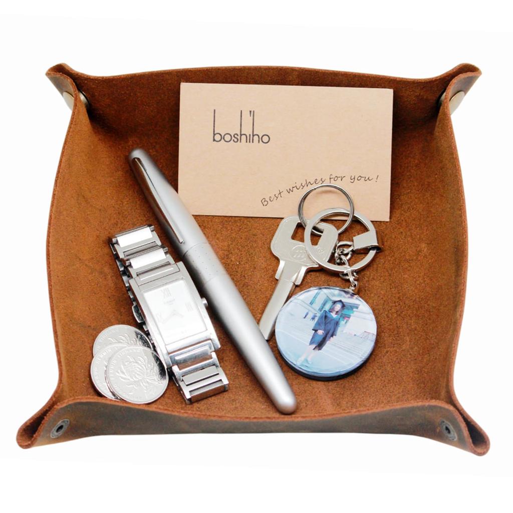 boshiho Leather Small Organizer Tray, Square, for Accessory Storage, Key Holder, Entryway Storage, Office Use, Travel, Portable, Birthday Gift, Dark