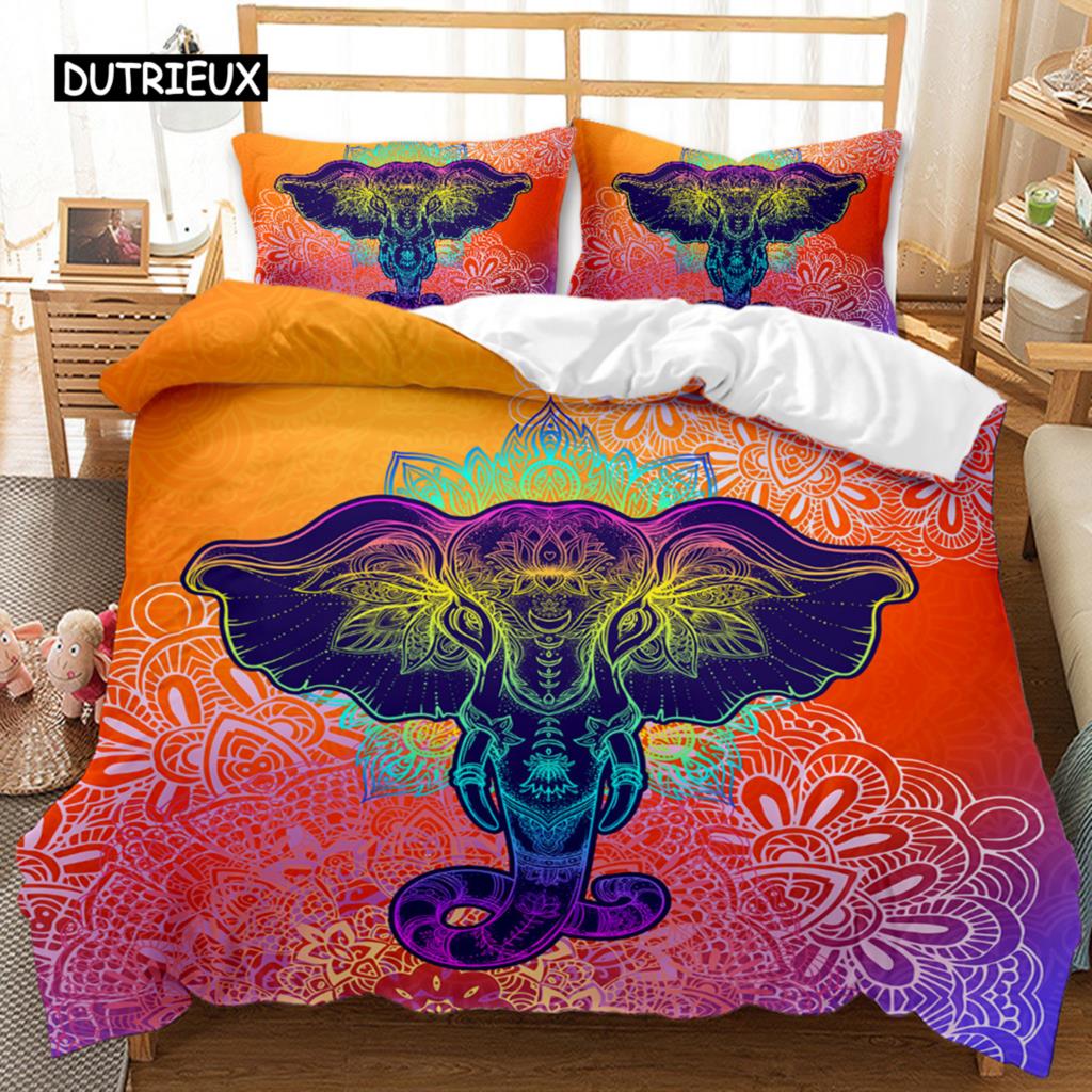 Set de husă de pilota cu elefant boem, model de mandala elefant, set de lenjerie de pat cu animale pentru adolescenți, adulți, regina rege, husă de pilota din poliester