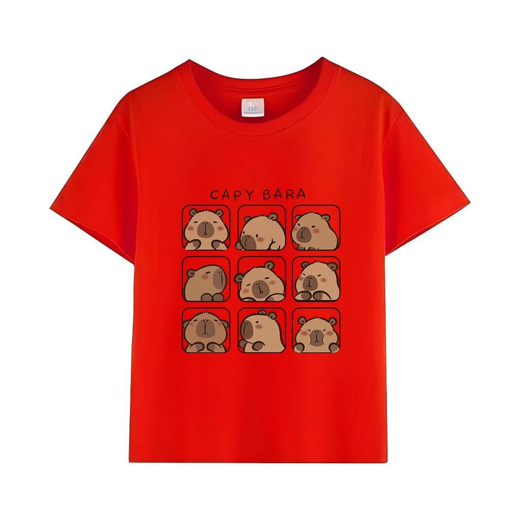 Capybara Kids Summer Cartoon Print T-Shirt 100% Cotton Short Sleeve Crewneck Casual Top for Girls Fashion Tees