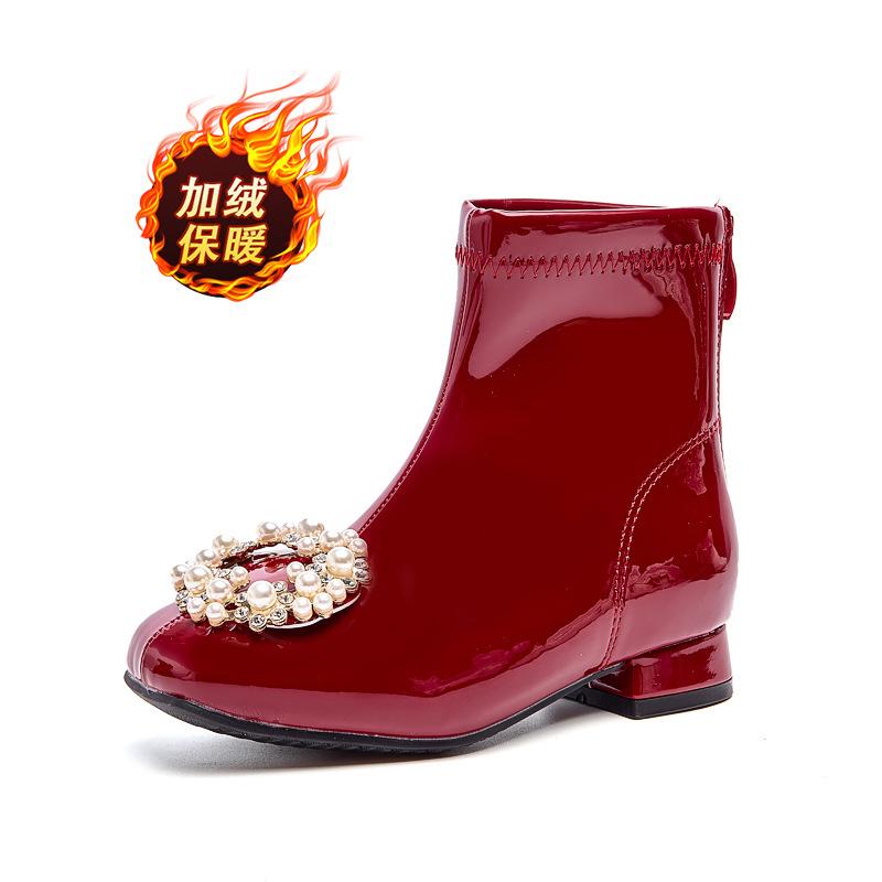 Girls Martin boots 2025 new autumn and winter red leather boots velvet baby boots little girl princess children's short boots