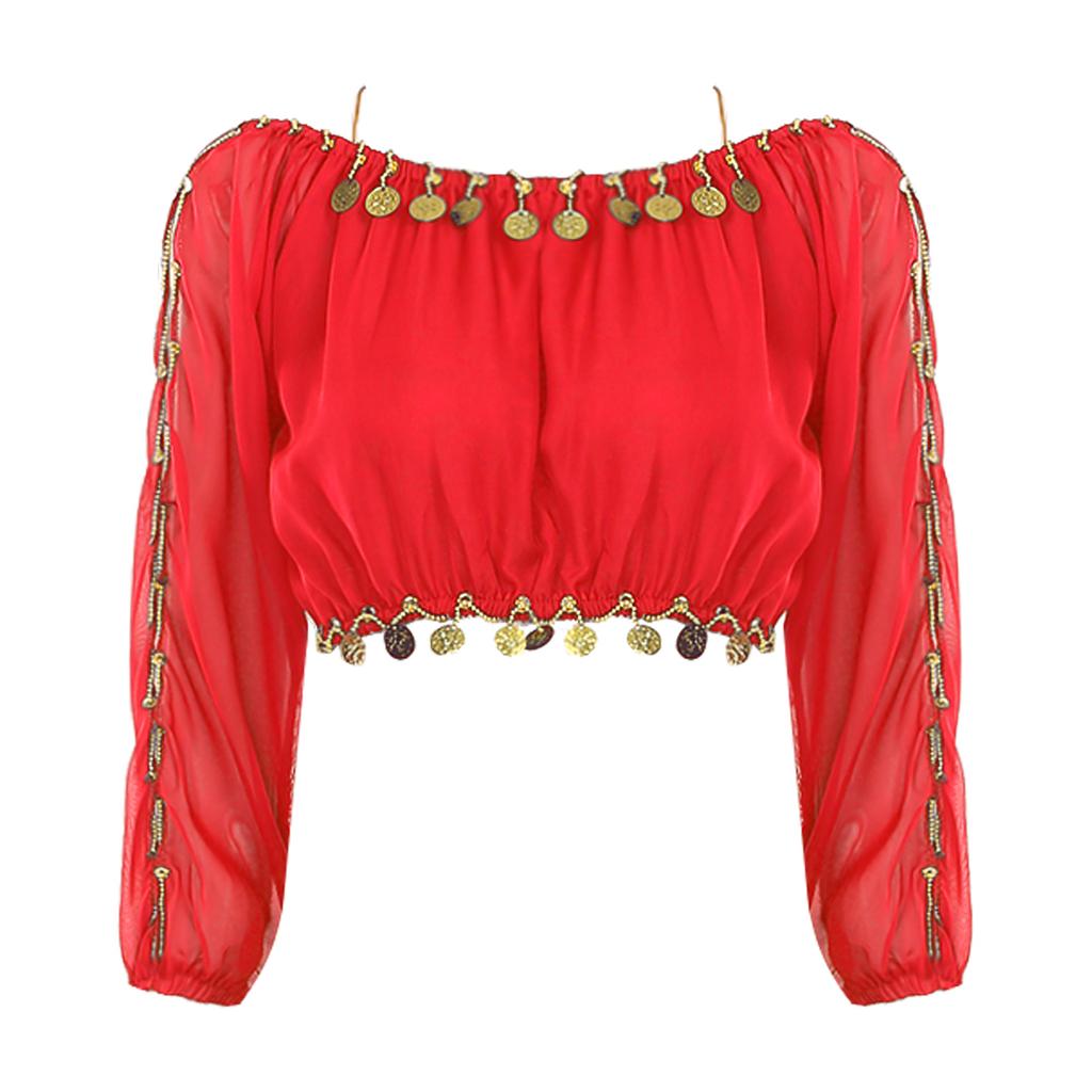 Womens Sequined Beaded Belly Dance Crop Top Long Puff Sleeve Split Halloween Party Costume