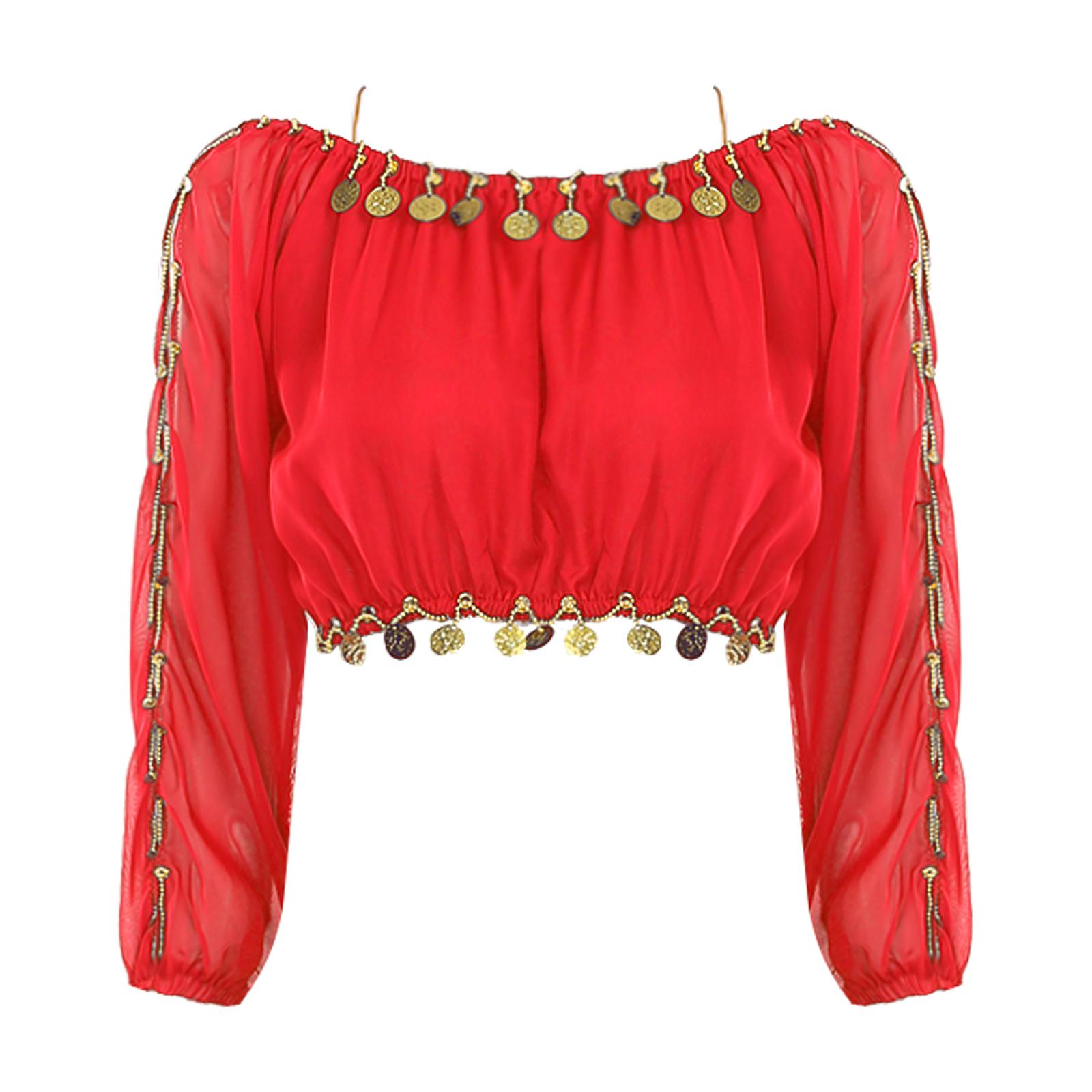 Damen Pailletten Perlen Bauchtanz Crop Top Lange Ballonärmel Schlitz Halloween Party Kostüm One Size rot