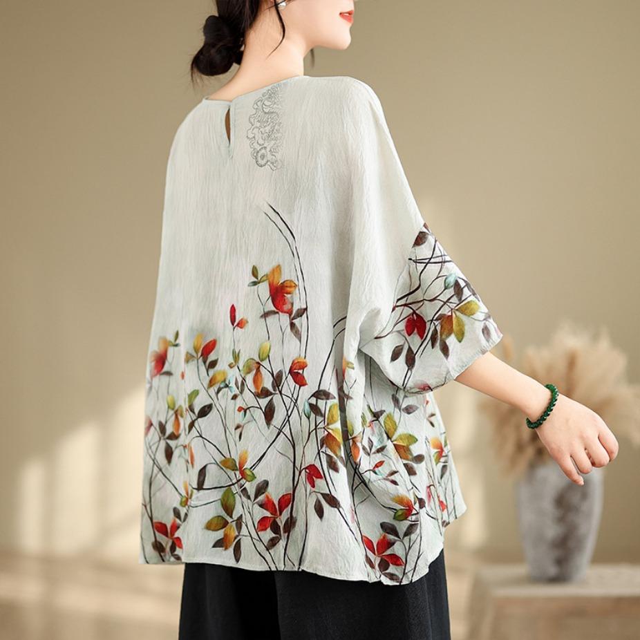 Summer Hemp Cotton Blouse Ethnic Style Bat Sleeve Loose Oversized Round Neck T-shirt Casual Comfortable for Women