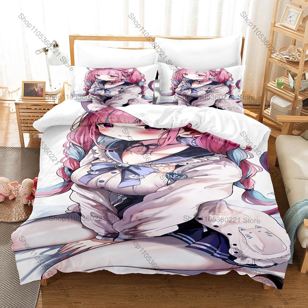 Kawaii Minato Aqua Anchor Logo Graphic Bedding Set Duvet Cover With 2 Pillowcases Teen Room Decor All Season Gift