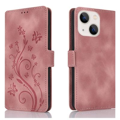 Pentru iPhone 15 Husă de telefon din piele embosată cu flori și fluturi visători(Aur roz)