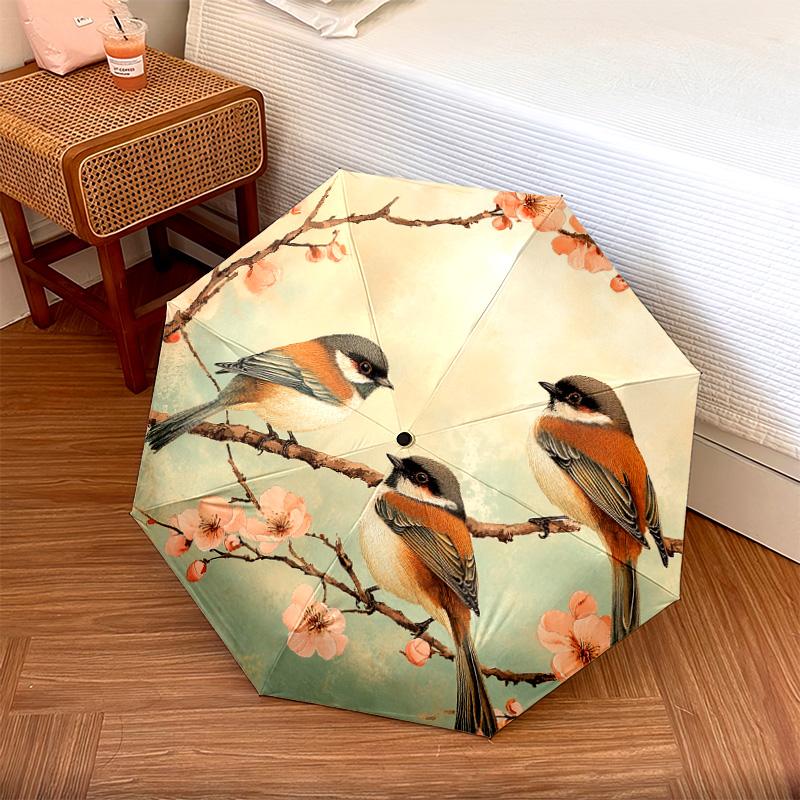 

1 PC Automatic Folding Umbrella - Birds on Cherry Blossom Pattern, Portable & Foldable Design with 8 Ribs, Christmas Birthday Gifts