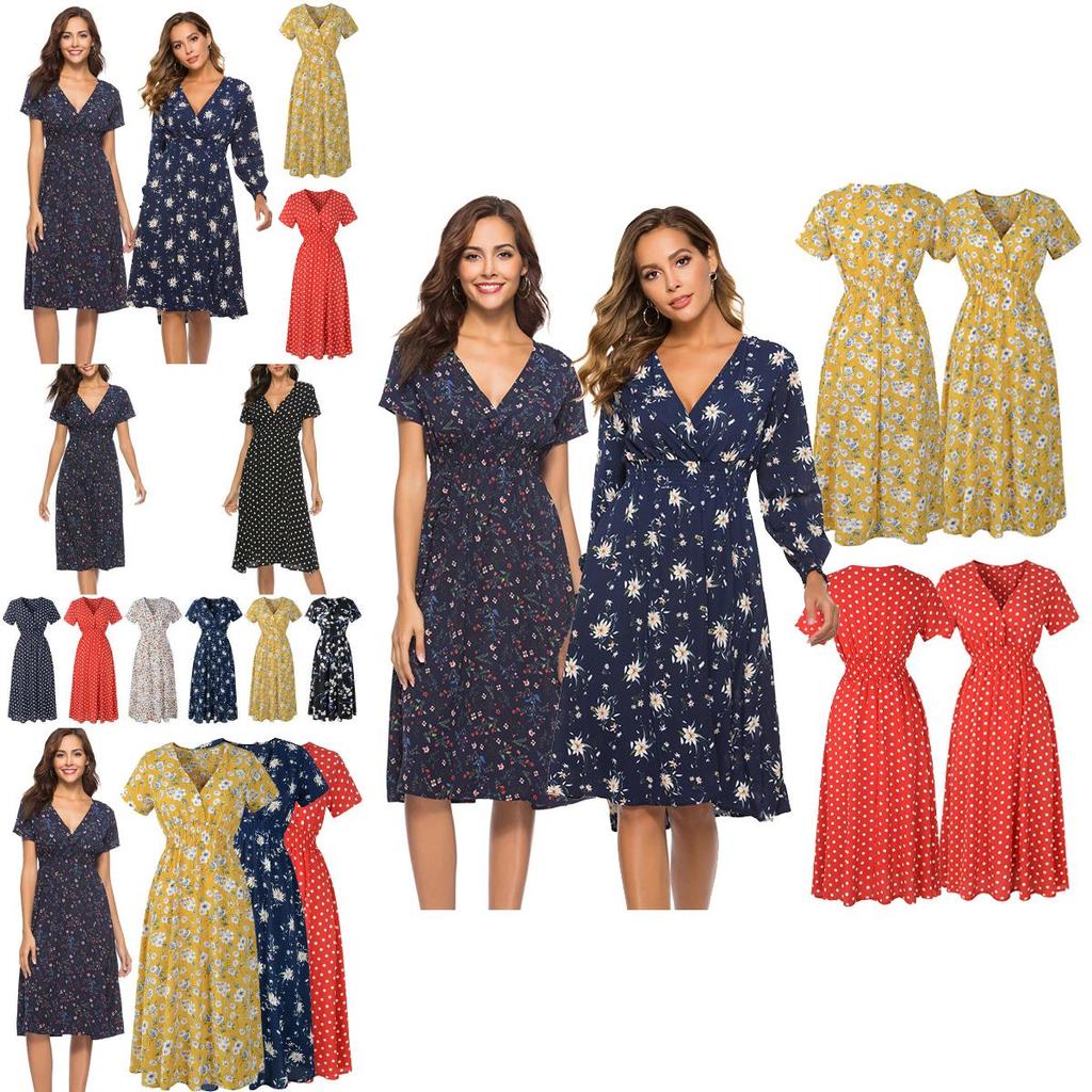 Women Neck V Boho Floral Midi Dress Short Sleeve Summer Beach Sundress Casual