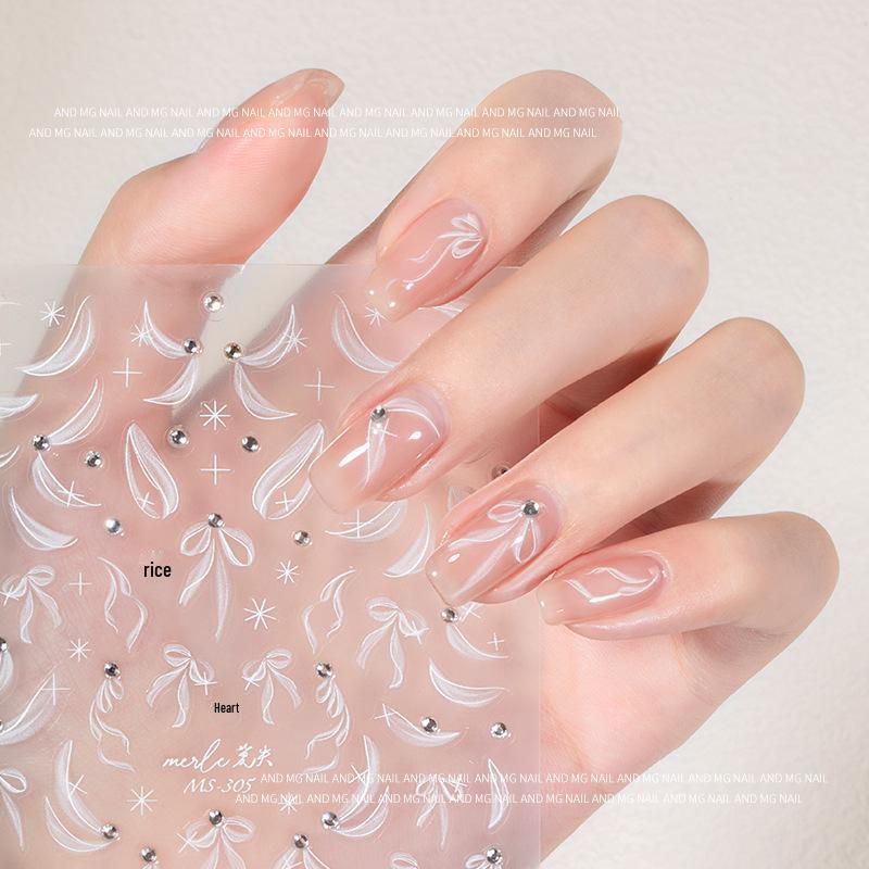 Elegant Ballet Silk Ribbon Nail Stickers with Pearls & Rhinestones - 2025 New Style