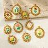 2 Pcs Oval Flower Leaf Embroidered Charms Multicolor 304 Stainless Steel Charms 18K Gold Plated Pendants For DIY Necklace Making