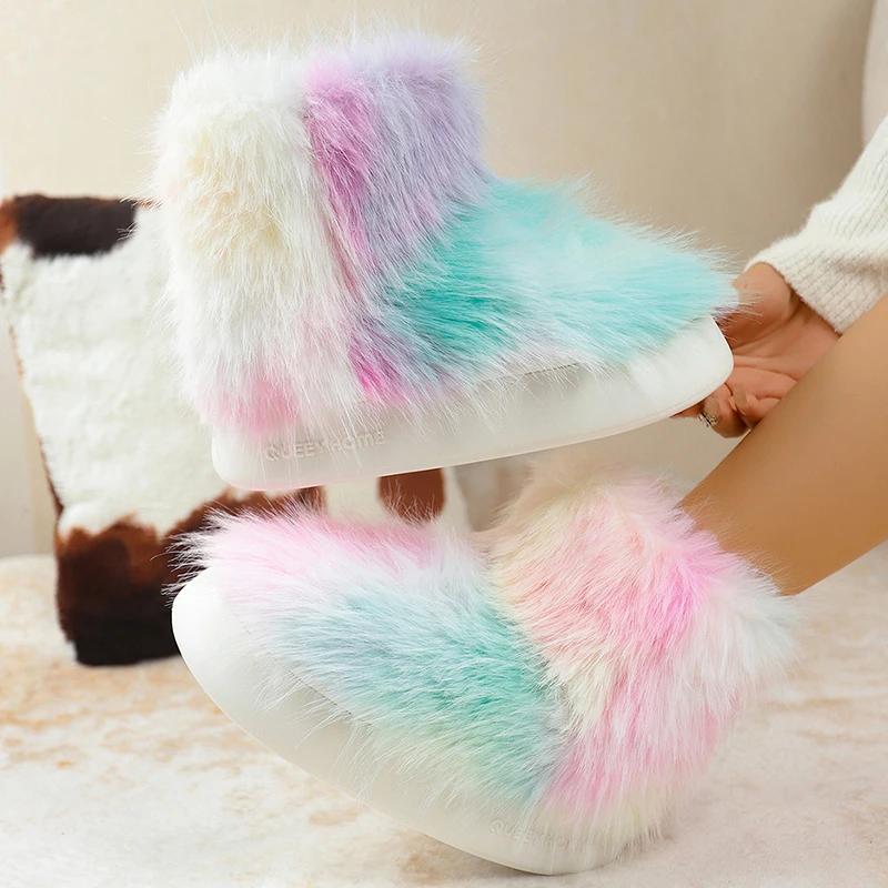 Fashion Gradient Color Faux Fur Snow Boots for Women Thick Sole Long Plush Warm Winter Boots Woman Fashion Fluffy Platform Ankle Booties