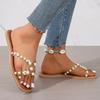 Large Size Flat Bottom One-character Cool Slippers Women's New Pearl Square Head Women's Shoes Outer Slippers Women