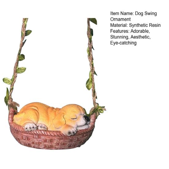 Dog Swing Ornament Cute Resin Puppy Sleeping in Woven Basket Statue Outdoor Hanging Decoration with Rope for Garden Patio Balcony Decor
