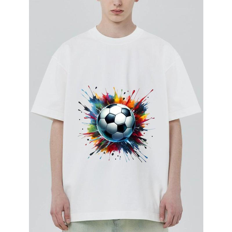 Black T Shirt with Soccer Ball and Colorful Splash Print for Sports and Casual Wear