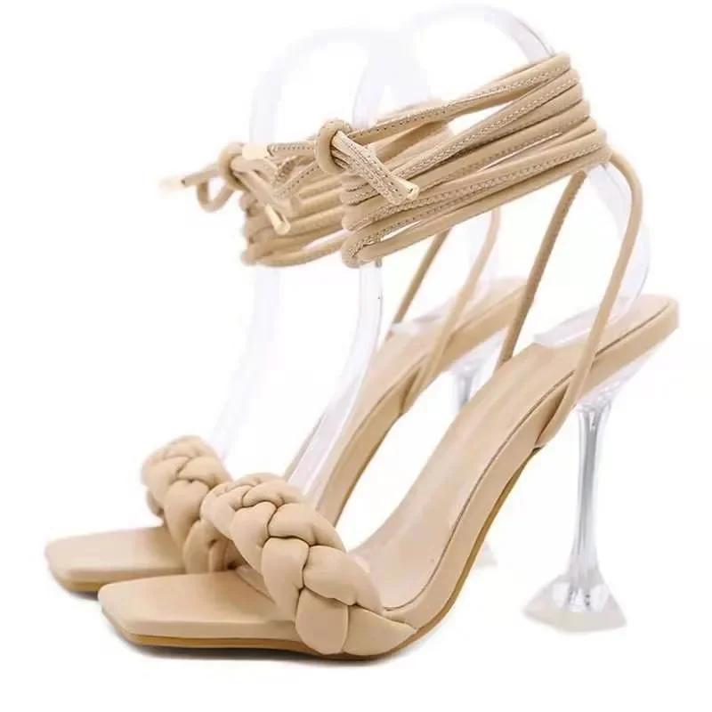 Fashion Fashion Weave Sandals Women's Summer Ankle Thin Strap Crystal Strange High Heel Ladies Sexy Peep Toe Party Wedding Sandalias