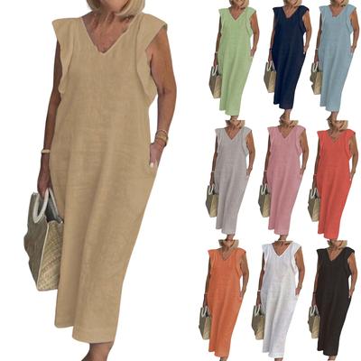 Women Summer Linen Dress Loose Tiered Flowy Midi Sleeveless Tank Sun Dress