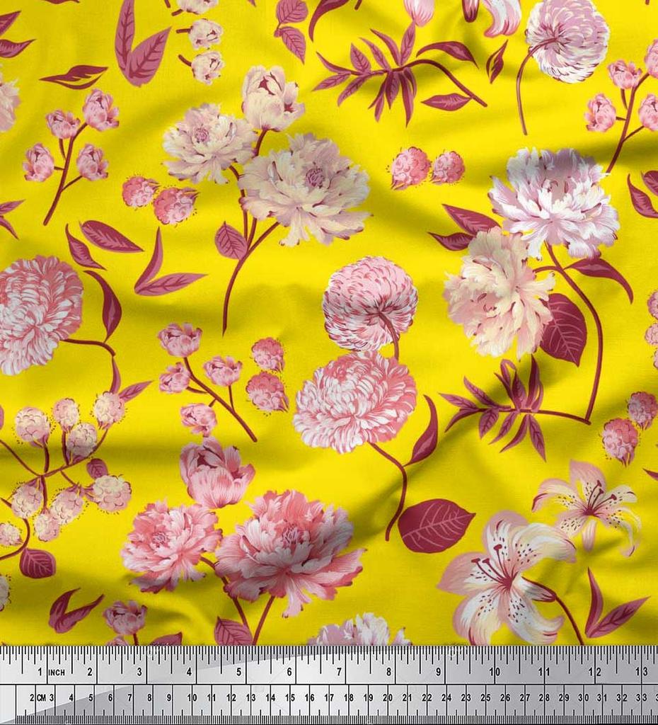 Soimoi Japan Crepe Satin Fabric Leaves,Peony & Dahlia Flower Printed Fabric 1 Metre 42 Inch