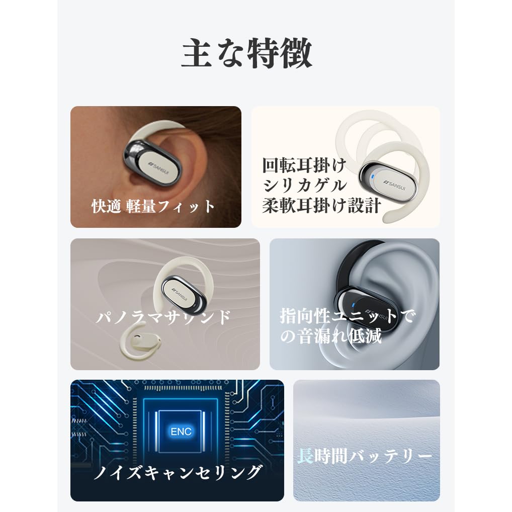 SANSUI W92 Bezdrátová Bluetooth Hluk Automatické Bez Uší IPX4 Rychlá Kompaktní a Perfektní pro a Herní Sluchátka, V5.4, Potlačení, Párování, Blokování,