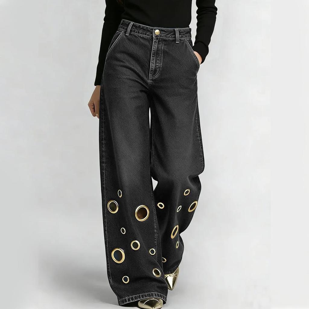 Jeans a Vita Alta Vestibilità Larga Gamba Larga con Intagli a Occhielli Metallici Pantaloni in Denim per Donna Stile Streetwear Casual