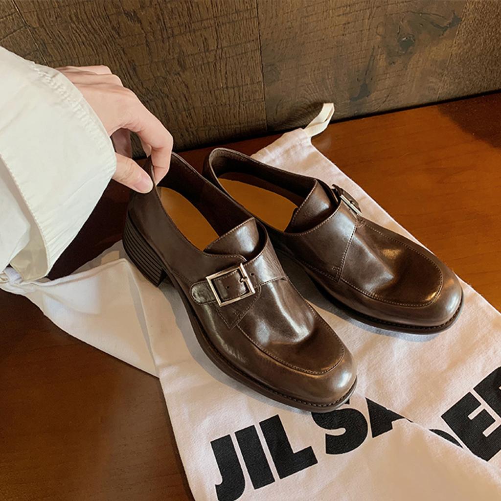 Sheepskin~ Round head leather platform loafers women's buckle strap thick heel Oxford shoes British with skirt lazy small leather shoes