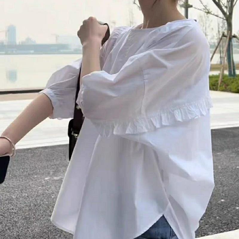 

Женская рубашка с рукавами-фонариками, белая рубашка с короткими рукавами, женская свободная рубашка с цветочным принтом, блузка, темперамент, элегантный модный топ 2XL