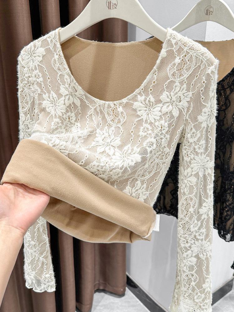 Spicy Girl Lace Fleece Long-Sleeve Top: Warm, Fashionable, Sexy Jacquard Design
