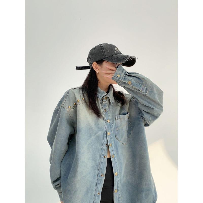 Autumn New American Niche Old Rivet Denim Long-sleeved Shirt Women's Loose Couple Short Jacket Trendy