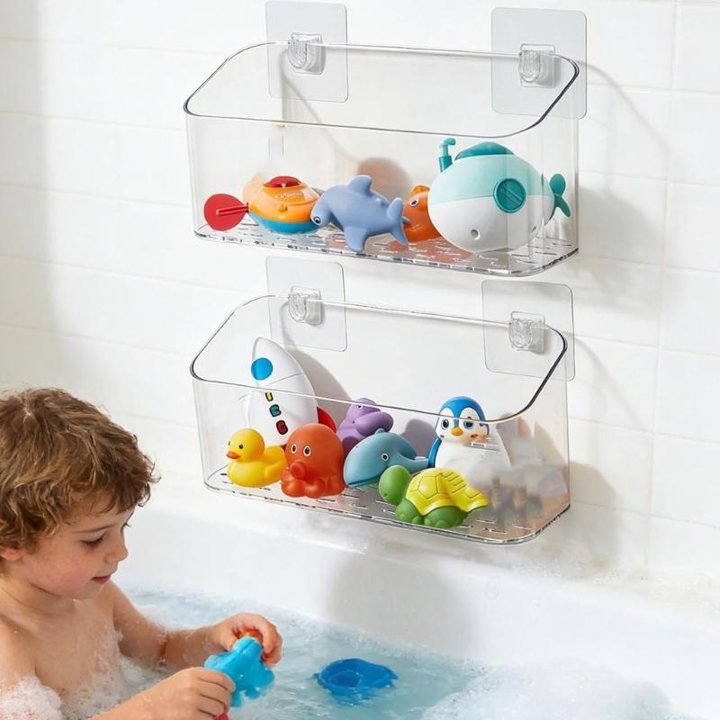 Bathroom Wall Storage Basket with Adhesive Mounting, Plastic Shower Basket with Perforated Base for Soap, Shampoo, and Daily Toiletries