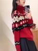 Women's Retro Fair Isle Wool Pullover - High Neck, Half Zip, Red, Thick for Autumn/Winter