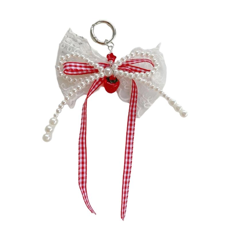 Delicate Pearls and Lace Bowknot Bag Ornament With Gingham Pattern Portable Accessory for Daily Commutes or Dates