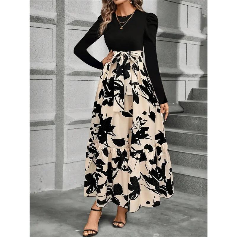 Women's clothing autumn explosion floral printing crew neck long-sleeved dress exotic vacation style elegant even