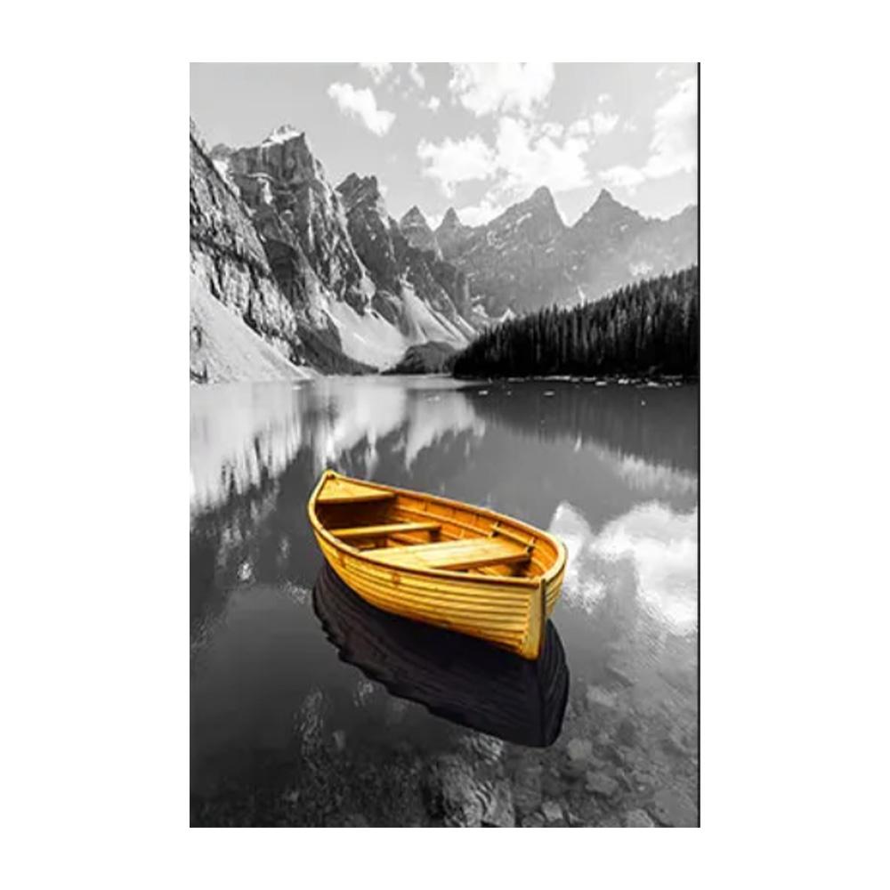 Yellow Boat On The Lake Landscape Canvas Prints Gold Wooden Bridge Mountain Abstract Wall Art Paintings For Home Decor
