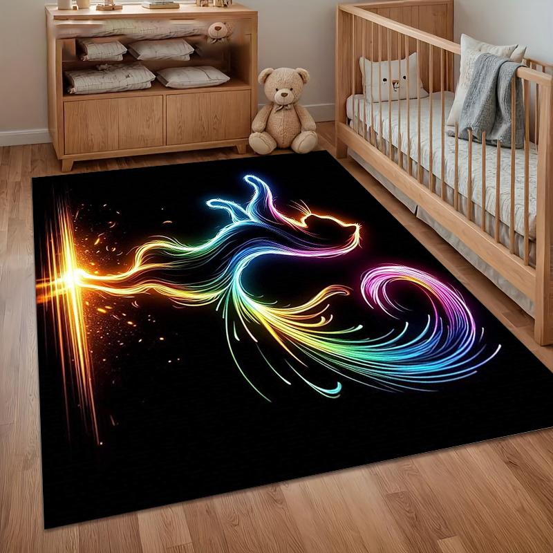 1pc Rainbow Flame Cat Rug Psychedelic Light Pattern Non Slip Floor Mat for Living Room Bedroom Modern Home Decor Carpet