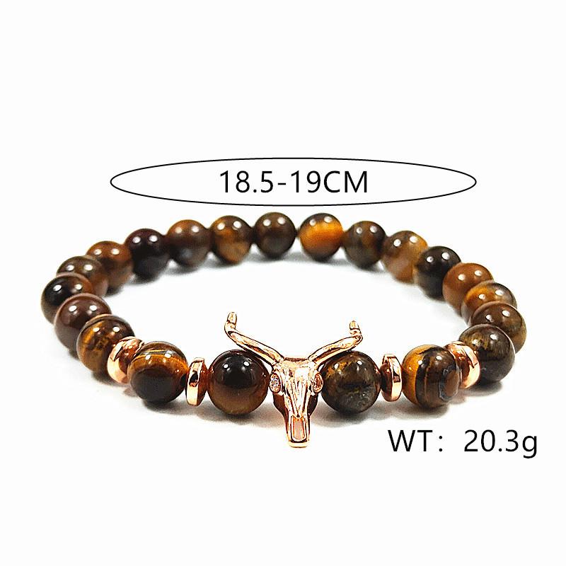 Elegant Gold Taurus Head Bracelet with Tiger Eye Stone Bead and Micro-Inlaid Zircon