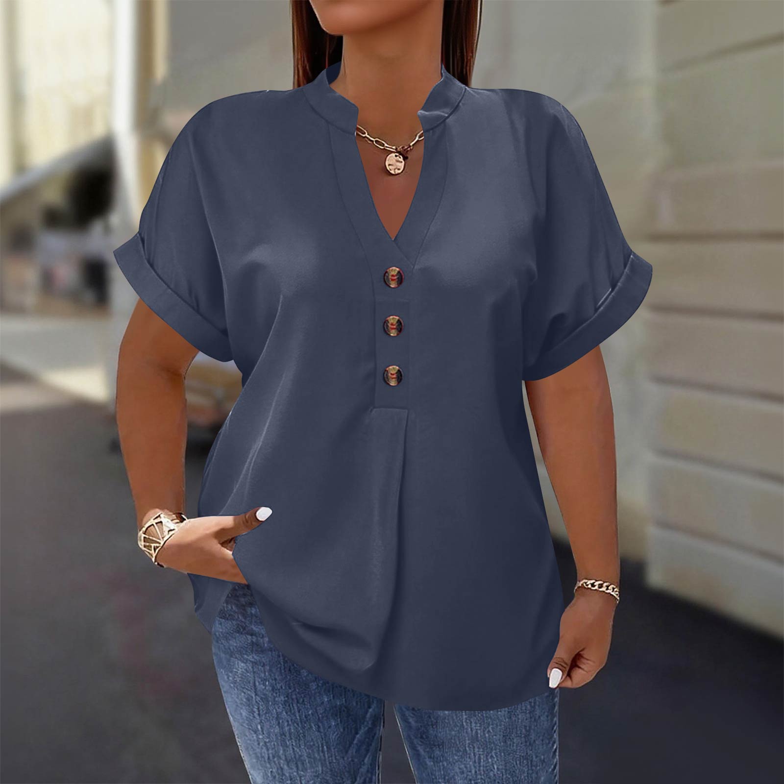 

Women s Fashion Short Sleeve V Neck Button Up Blouse Stylish Casual Plus Size Top XXXL