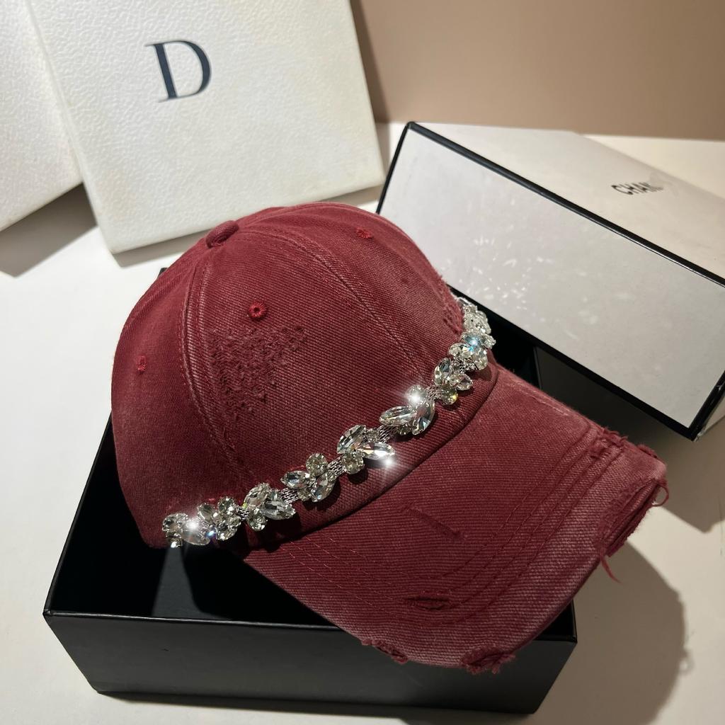 Light Luxury Rhinestone Cap Washed Cotton Ripped Baseball Cap Trendy Casual Versatile Women'S Hat