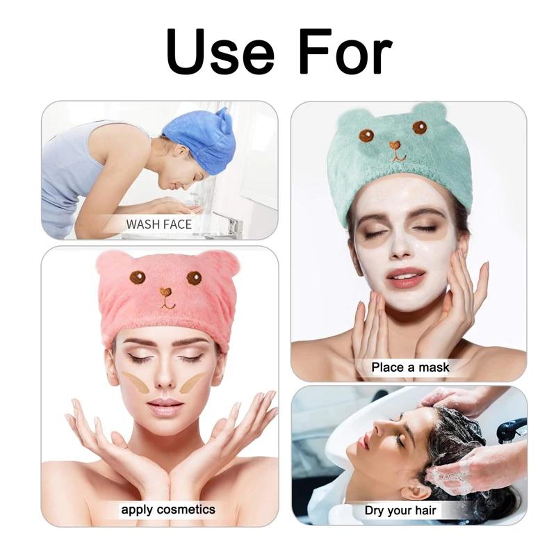 Cute and Sweet Dry Hair Cap, Quick-drying and Absorbent Thick Super Fiber Head Towel, Little Bear Embroidered Bath Cap Towel