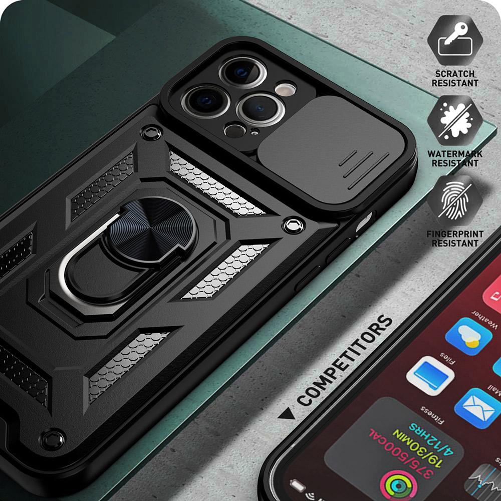 For iPhone 11 Pro Max Case Kickstand PC+TPU Phone Cover with Slide Camera Lid