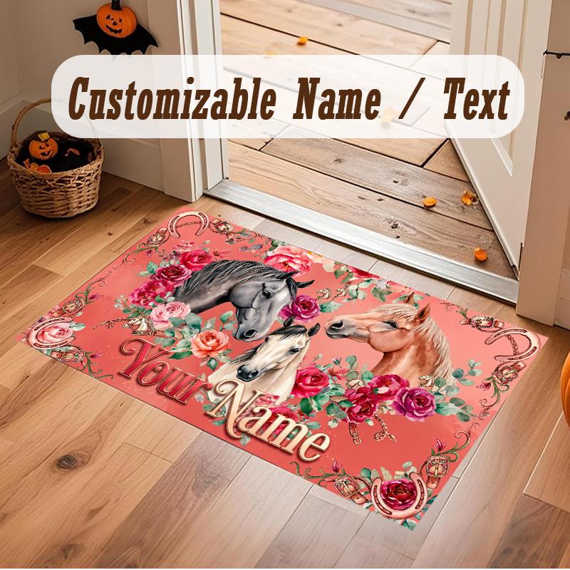 Horse Theme Soft Crystal Velvet Rug Custom Name & Text Print Non Slip Floor Rug for Bedroom Living Room