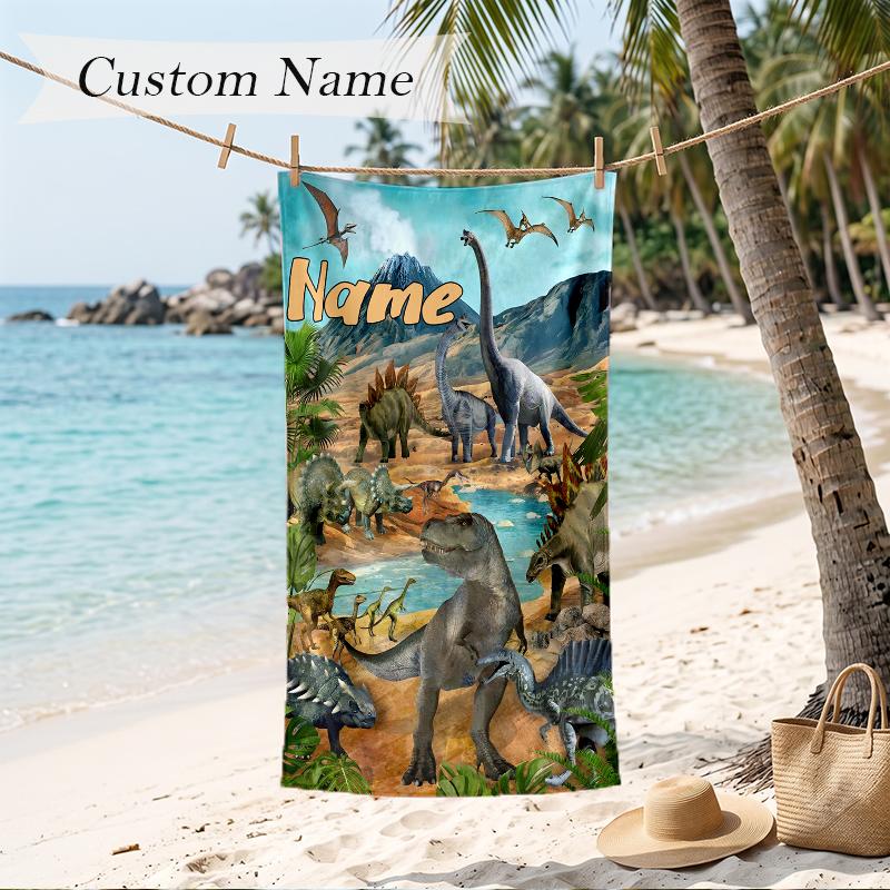 Dinosaur World Custom Name Printed Beach Towel Personalized Soft Towel For Swimming Beach Travel