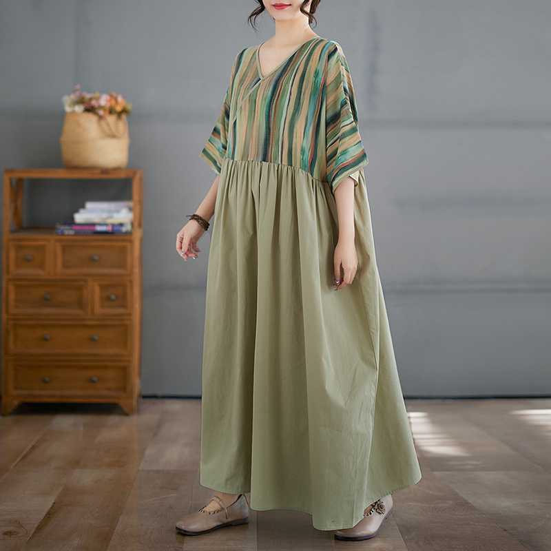 Cotton and Linen Summer Patchwork Retro Style Dress Long Skirt